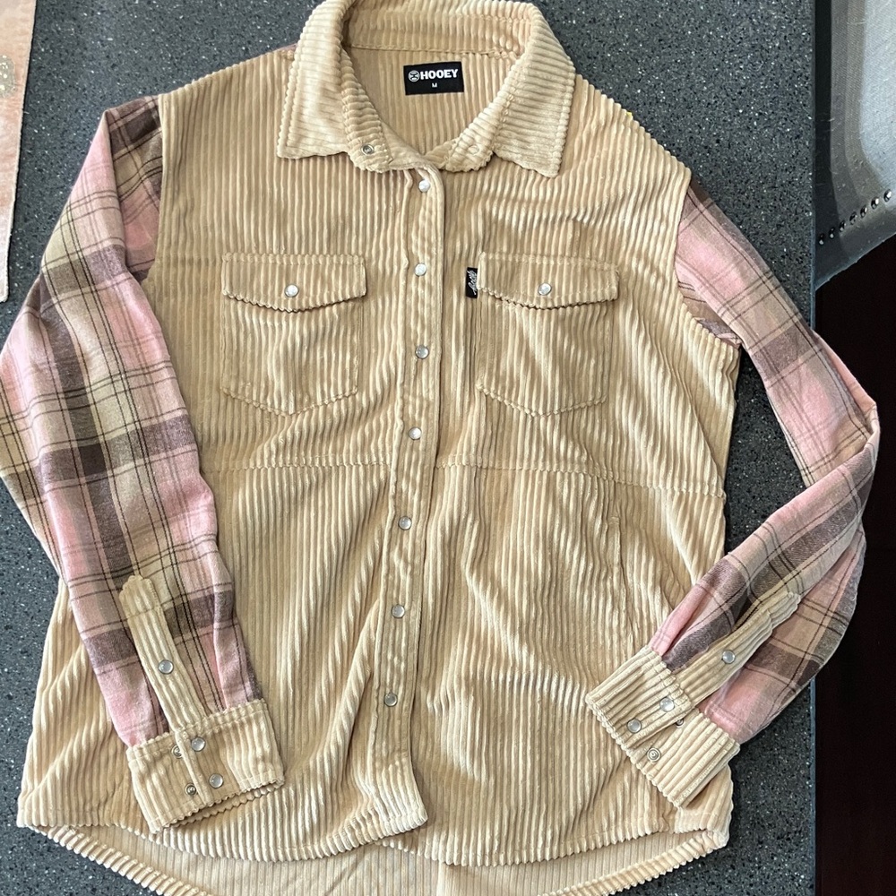 Hooey Tan Corduroy Shirt with Pink Plaid Sleeves